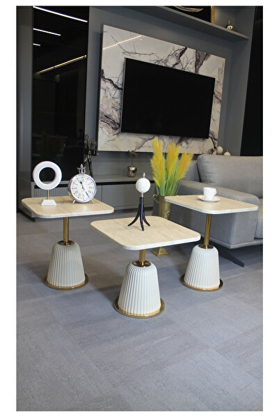 DECORAMİS Venedik Zigon Sehpa Traverten Mdf (Krem - Gold) - Zigon Sehpa 3'lü