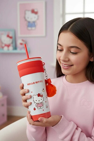 SANRIO Lisanslı Charmlı ve Pipetli Paslanmaz Çelik Matara - Hello Kitty