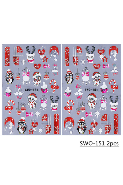Choice SWO-151 2pcs 2pcs Embossed Christmas Nail Stickers 3D Cute Penguin Elk Snowflake Holly Nail Decals N