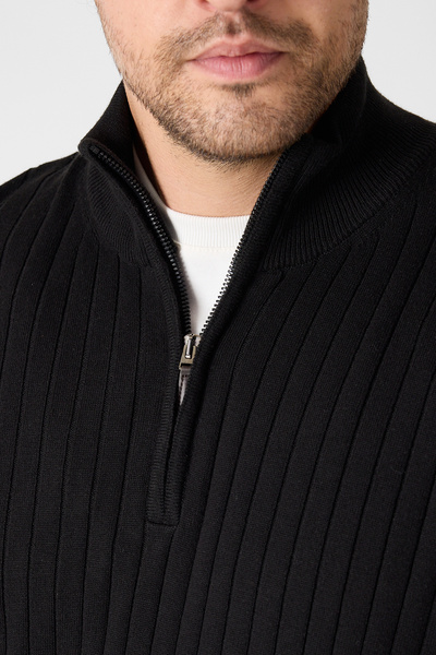 Frappoli Pulover pentru bărbați Romulo, din bumbac negru, italian F material reiat cu jumătate de fermoar D guler ridicat Regular Fit