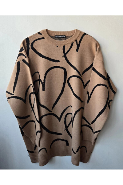 Park Karon Women's Crew Neck Heart Knit Detailed Oversized Knitwear Tunic