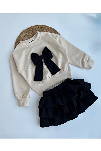 sobekidstore Girls' Stone-Embroidered Bow 2-Piece Sweat Skirt Set, Full-Fit T...