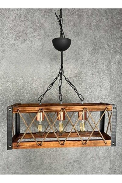 PERİ Rustik Ahşap Halatlı 3'lü Sarkıt Avize