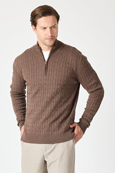 Frappoli Focus Men's Brown Hair Knit Half Zip Cotton Blend Sweater