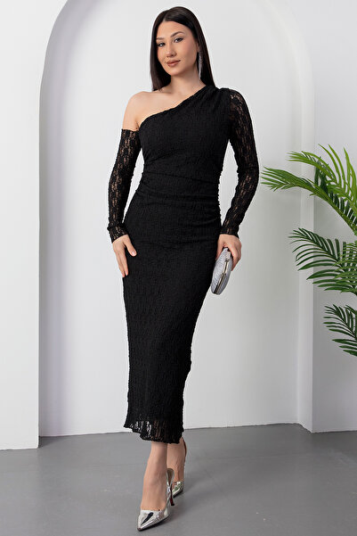 PULLIMM Tek Omuz Uzun Kol Dantel Elbise DKS1376