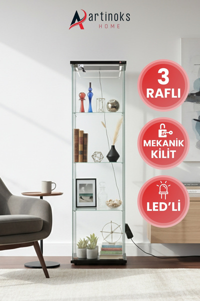 artinoks 3 Raflı Ledli Kilitli Cam Vitrin Dolap Gümüşlük Koleksiyon Sergi Kit...