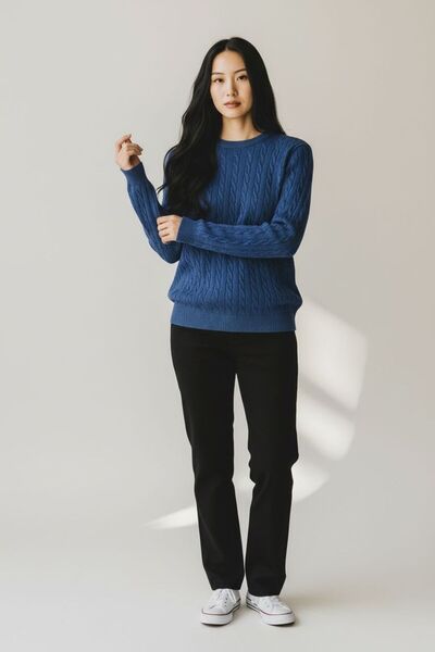 ÖNDER MODA Women's Indigo Hair Braid Patterned Knitwear Sweater – Crew Neck, Long Sleeve, Casual Basic