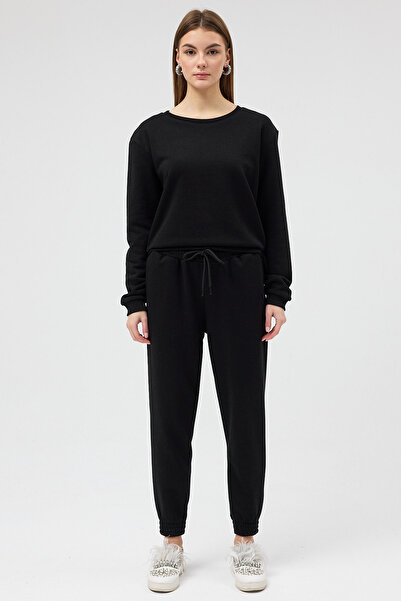 Soho Mood Hanorac negru din bumbac cu trei fire pentru femei guler rotund