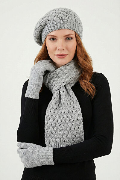 nacar çarşı Women's Gray Painter Patterned 3-Piece Beret Scarf Glove Set - Wi...