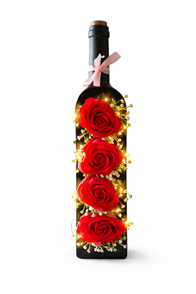 OEM Decorative Glass with 4 Red Roses and LED, Romantic Gift with Light, 31x7x9 cm