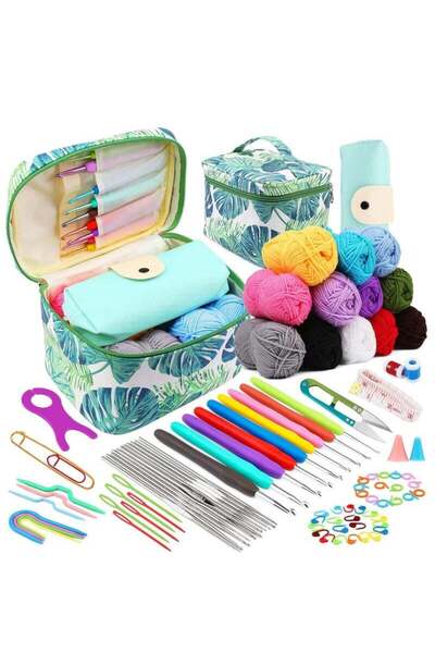 Saharaz طقم كروشيه للمبتدئين مكون من 87 قطعة، طقم كروشيه للمبتدئين، مجموعة إبر كروشيه، 12 كرة خيوط، حقيبة تخزين
