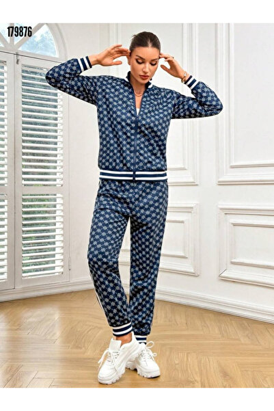 Modayakamoz Kadın Uzun Kollu Önden Fermuarlı Desenli İki İplik Bluz Pantolon ...