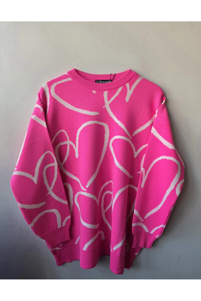 Park Karon Women's Crew Neck Heart Knit Detailed Oversized Knitwear Tunic