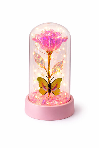 OEM Dome with Royal Pink Rose and Yellow Butterfly, LED, 15x9 cm, Batteries Included