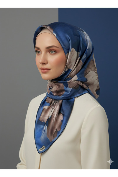 Arel Eşarp Tekstil Madame Polo Blue Soft Scarf 90X90 Cotton Fabric Floral Pat...