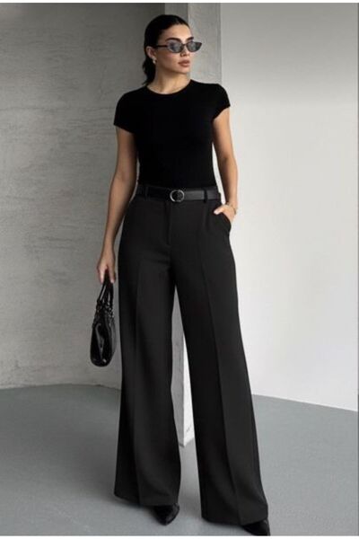 TRENDLİA Black High-Waisted Wide-Leg Pants with Elastic Waistband