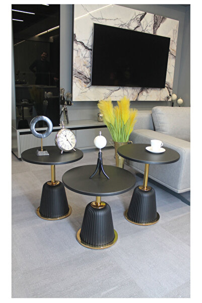 DECORAMİS Milano Zigon Sehpa Siyah Mdf (Siyah - Gold) - Zigon Sehpa 3'lü