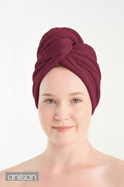 Anılsan Towel Hair Cap Burgundy 100% Cotton Hair Drying, Blowing Dry, Shower Bath Head Towel