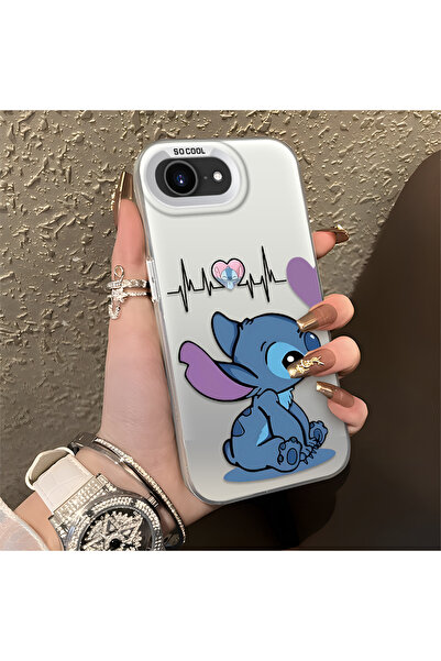 ucuc iPhone 16e Uyumlu Silikon Kenar Sert Arka Anti Düşme Kılıfı Stitch Desenli