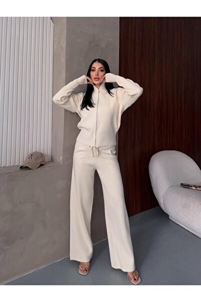 solena sln Women's Cream Double Zipper Knitwear Set