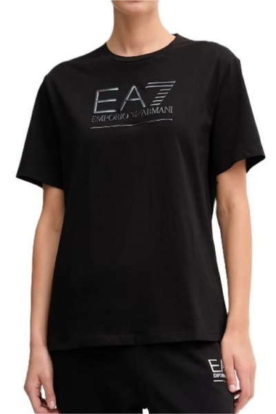 EA7 Women's Full Fit Short Sleeve Metallic Black Logo T-Shirt - Black