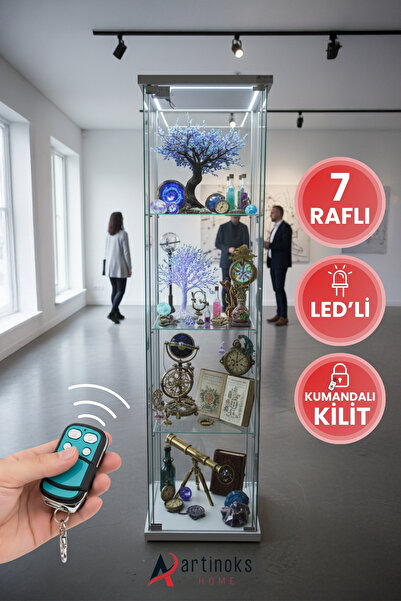 artinoks 3 Raflı Uzaktan Kumandalı Kilitli Ledli Cam Vitrin Dolap Gümüşlük Ko...