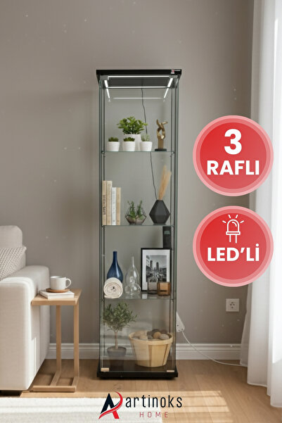 artinoks 3 Raflı Ledli Cam Vitrin Dolap Gümüşlük Koleksiyon Sergi Kitaplık Bü...