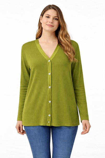 Şans سترة نسائية كبيرة الحجم باللون الأخضر، ساتان تفاصيل أسطوانية حياكة مضلعة 65N39276