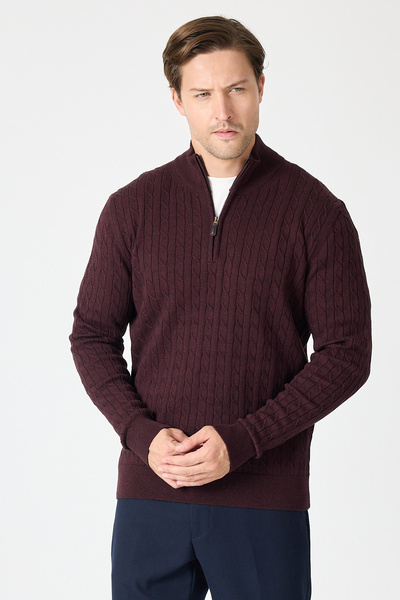 Frappoli Focus Мъжки пуловер с половин цип от памучна смес в цвят бордо с пле...