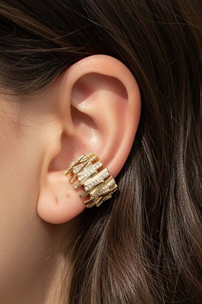 TAKIŞTIR Altın Renk Taş Detaylı 14K Altın Kaplama TX Ear Cuff (Tek)