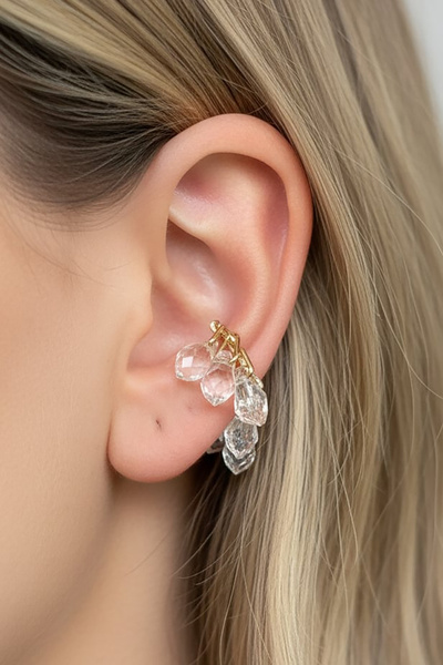 TAKIŞTIR Altın Renk Boncuk Detaylı 14K Altın Kalpama TX Ear Cuff (Tek)