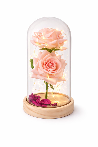 OEM DOME WITH 2 ROSES Royal Love, Romantic LED, Wooden Base, Premium Gift for Lovers