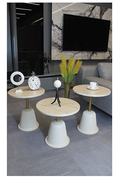 DECORAMİS Milano Zigon Sehpa Traverten Mdf (Komple Krem - Gold ) - Zigon Sehp...