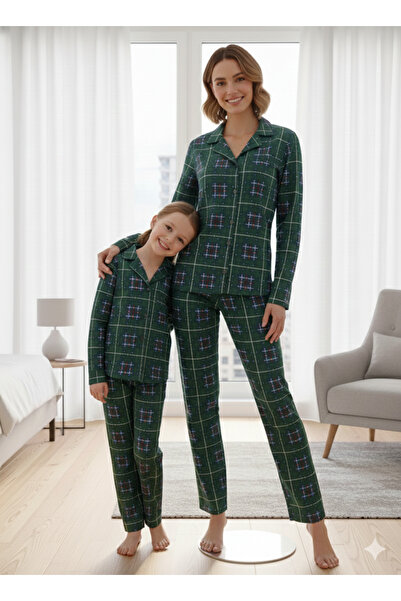 ELİTOL Pajama Set Green Plaid Suede Buttoned Mother-Daughter Pajama Set Special Boxed