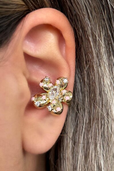 TAKIŞTIR Altın Renk Çiçek Figürlü 14K Altın Kaplama TX Ear Cuff (Tek)