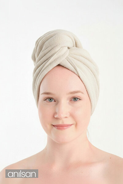 Anılsan Towel Hair Cap Ecru 100% Cotton Hair Drying, Blowing Dry, Shower Bath Head Towel