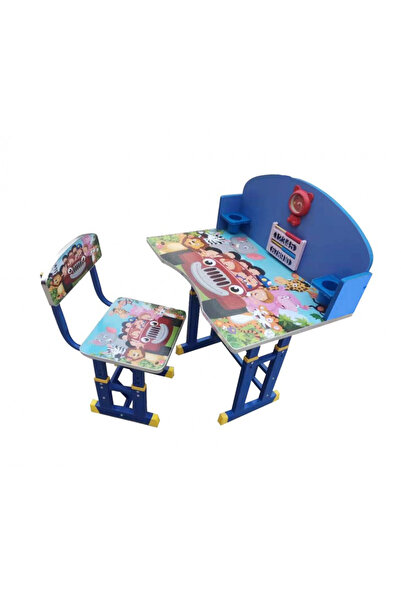 Artenova Set birou cu scaunel pentru copii, inaltime reglabila, albastru, model Happy Car