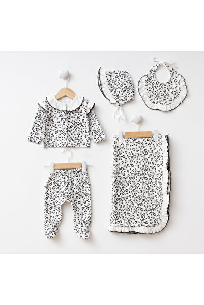 Eda Baby Leopar Desenli Fırfırlı Kendinden Eldivenli 5 Parça Yenidoğan Hastan...