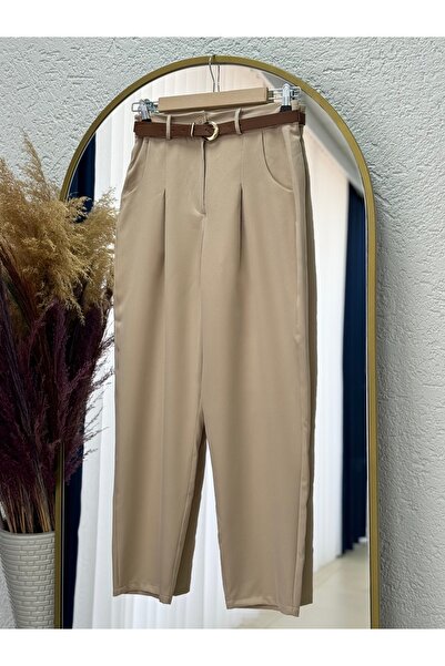 MİHRA STORE Melita Arka Kapaklı Havuç Paça Kemerli Pantolon-MT5018 Taş