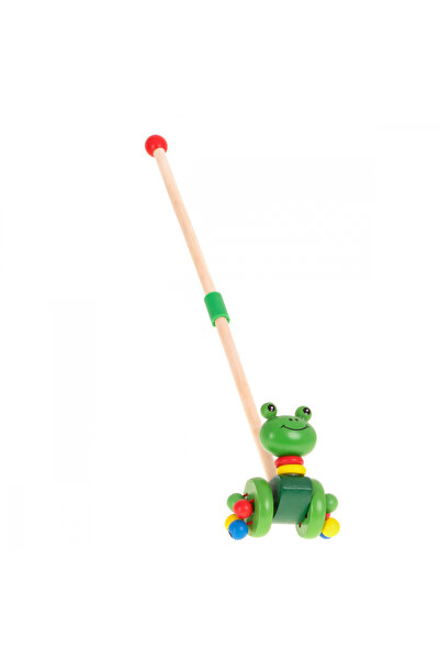 Ikonka Jucarie de impins din lemn pentru copii Green Frog, dotata cu 2 roti, ...