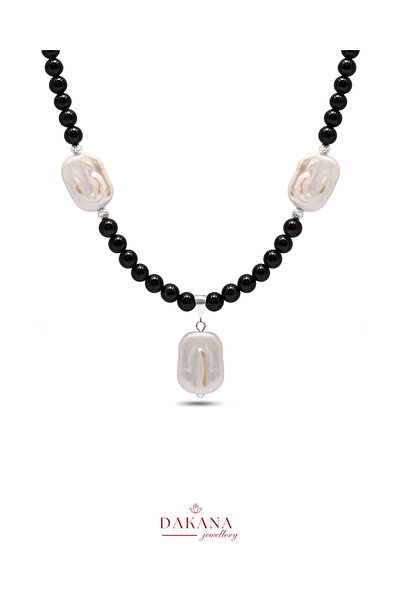 DAKANA JEWELLERY قلادة من الأحجار الكريمة الطبيعية من العقيق الأسود واللؤلؤ الباروكي مقاس 6 مم مع شهادة
