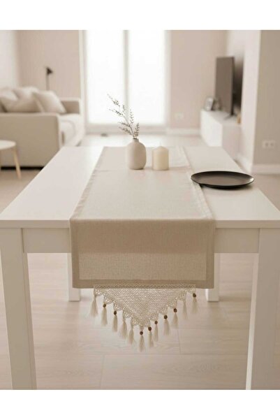 MZN Home 2 Kenar El Dantelli Bej Keten Runner 30x50 cm – %100 Doğal Pamuk