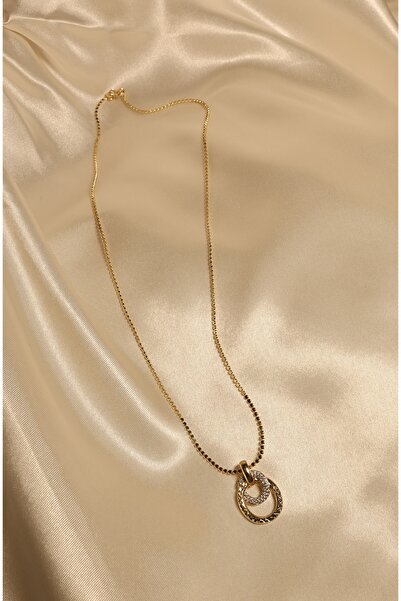 XUPING JEWELRY Xuping 14K Altın Kaplama Çift Halka Figürlü Ezme Zincirli Kolye