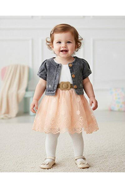 Ege Bebek Kız Bebek 1-2-3 Yaş Kot Bolerolu Tüllü Askılı Elbise R2416-3
