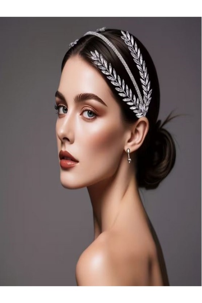 Alyas Aksesuar Hellenistic Bridal Crown with Zircon Stone Leaf Pattern