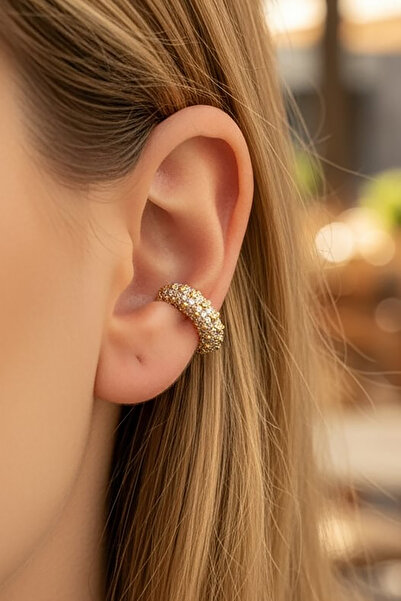 TAKIŞTIR Altın Renk Taş Detaylı 14K Altın Kaplama TX Ear Cuff (Tek)
