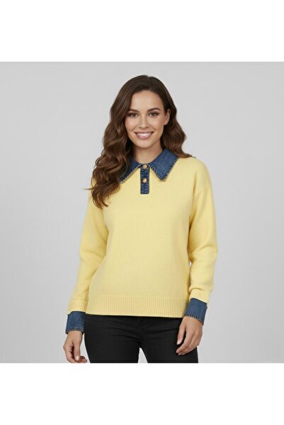 Cockatoo Kadın Sarı Standart Beden Çıtçıt Düğmeli Gömlek Yaka Kot Denim Detay...
