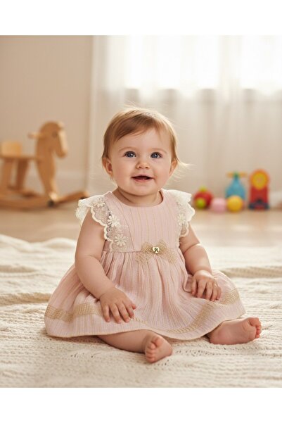 Ege Bebek Kız Bebek Yazlık Dantel Detaylı 3-6-9-12 Ay Müslin Elbise