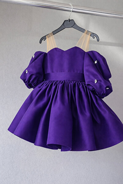 MUSGEM فستان سهرة للفتيات بتصميم خاص من التول الأرجواني مع تفاصيل حجرية وأكما...