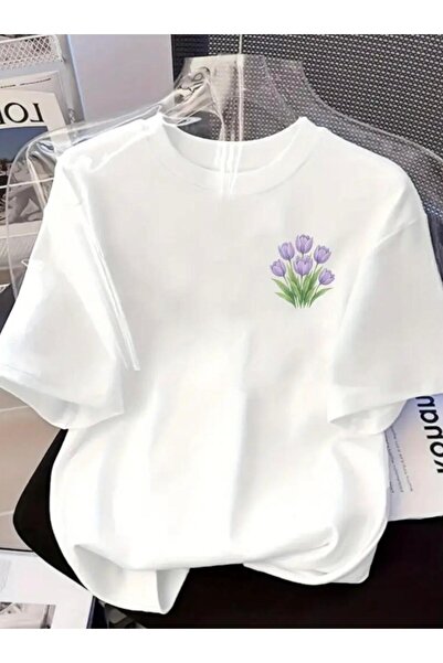 Oceanwear تيشيرت نسائي أبيض بأكمام قصيرة وياقة دائرية من Flower مطبوع